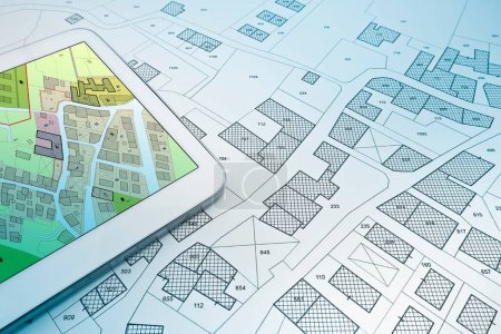 Baugenehmigungskonzept mit imaginärem Kataster auf digitalem Tablet - Bautätigkeit und Bauwirtschaft mit Allgemeinem Stadtplan