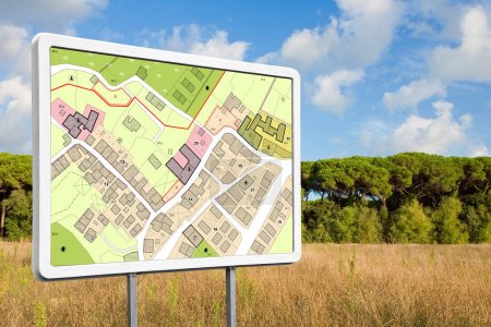 Werbetafel mit einem imaginären allgemeinen Stadtplan mit Hinweisen auf städtische Bestimmungsorte bebaubare Gebiete und Grundstück in ländlicher Umgebung