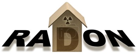 Foto de El peligro del gas radón en nuestros hogares - concepto con edificio residencial y texto de radón - Imagen libre de derechos