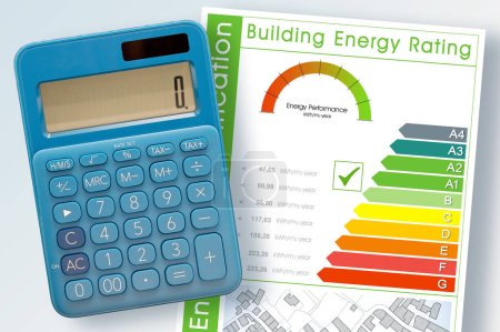 Foto de Concepto de eficiencia energética de los edificios con clases de energía de acuerdo con la nueva legislación europea: concepto de calificación de eficiencia con calculadora - Imagen libre de derechos