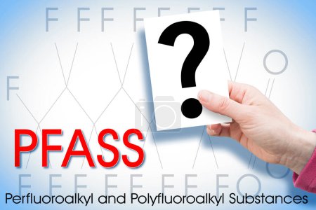 Photo for Doubts and uncertainties about dangerous PFAS Perfluoroalkyl and Polyfluoroalkyl Substances used due to their enhanced water-resistant properties - Concept with question mark - Royalty Free Image
