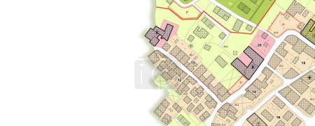Plan Urbano General Imaginario - Reglamentos de zonificación con distritos de zonificación, destinos urbanos, uso del suelo, áreas edificables y parcela del terreno - concepto de banner de diseño web con espacio de copia y espacio para texto