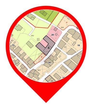 Imaginärer Allgemeiner Stadtplan - Flächennutzungsplan mit Flächennutzungsplanbezirken, urbanen Zielen, Flächennutzung, bebaubaren Flächen und Grundstücken - Icon concept