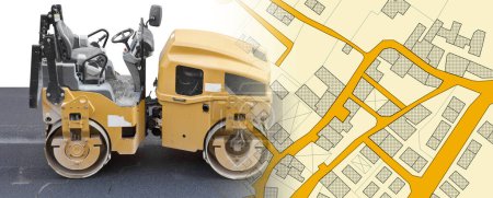 Téléchargez les photos : Travaux routiers pour la réfection du nouveau pavage sur goudron dans les rues d'une ville - concept avec rouleau compresseur - en image libre de droit