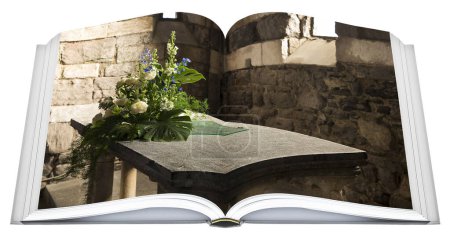 Photo for Stone altar with flowers in an ancient italian Romanesque church - concept image - Royalty Free Image