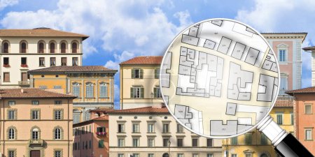 Photo for Register old buildings at buildings cadastre for taxation - Land registry concept with an imaginary cadastral map of territory and old italian historic buildings - Royalty Free Image