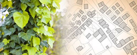 Grünprojekt in Städten, das Natur und Stadt wieder verbindet - Konzept mit Baumblatt im öffentlichen Park und imaginärem Stadtplan