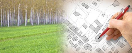 Photo for Imaginary topographic cadastral map and land parcels of territory with trees on background and buildable vacant land for sale - concept image. - Royalty Free Image