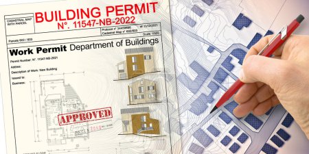 Photo for Buildings Permit concept with residential building project against an imaginary floor plans and elevations project of a new building - Royalty Free Image