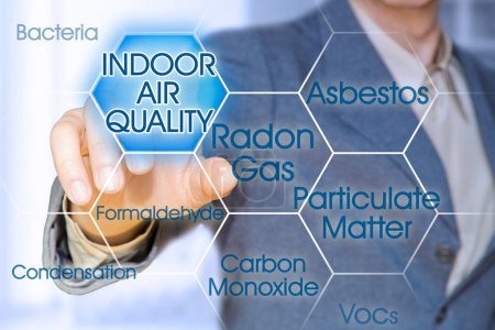 HOW IS THE AIR QUALITY IN YOUR HOME? - concept with the most common dangerous domestic pollutants with business manager pointing to icons against a digital display