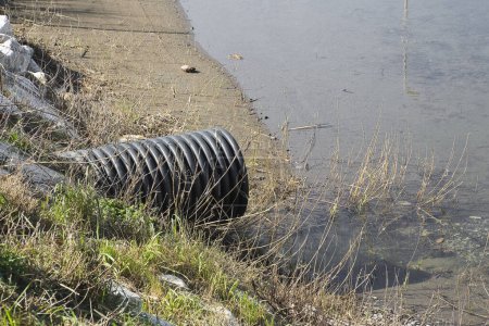 Foto de Tubo de aguas residuales de plástico en un pequeño arroyo - Imagen libre de derechos