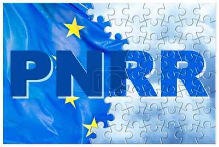Words PNRR - The European Recovery and Resilience Plan against the crisis of the Covid virus pandemic - concept in jigsaw puzzle shape