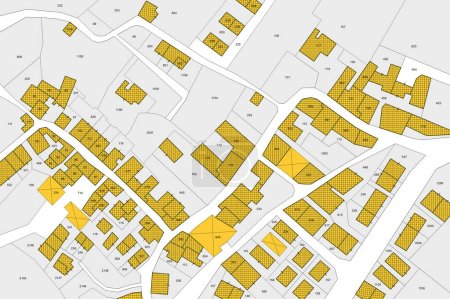 Foto de Mapa catastral imaginario con edificios, parcela y parcela vacante impresa en papel - Imagen libre de derechos