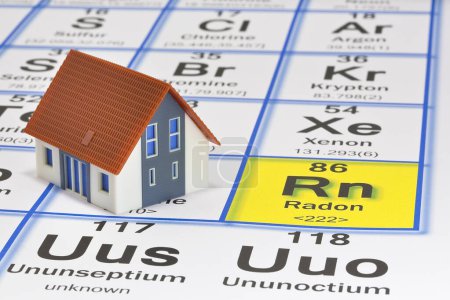 Foto de The danger of natural radon gas in our homes - concept with the Mendeleev periodic table of the elements and residential home model - Imagen libre de derechos