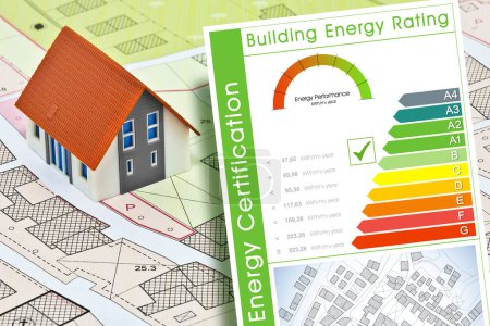 Photo for Buildings energy efficiency concept with energy classes according to the new European law and home model - Royalty Free Image