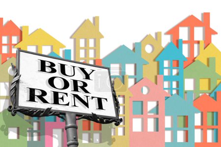 Photo for Rent or Buy concept with home icon, cityscape and advertising signs - Royalty Free Image