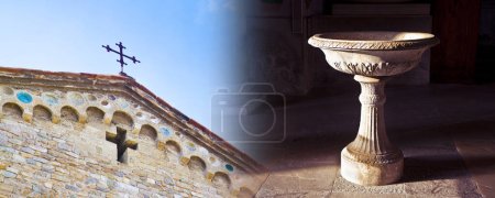 Inlaid marble holy water font and ancient romanesque church - concept image