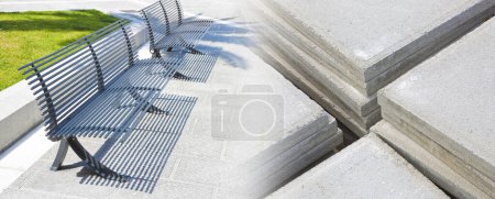 Foto de Nueva pavimentación realizada con bloques de piedra o hormigón con losas de hormigón en una obra de construcción para pavimento utilizada en zonas peatonales - Imagen libre de derechos