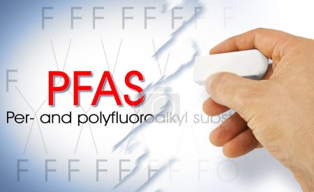 Stoppt gefährliche PFAS- und Polyfluoralkylsubstanzen, die aufgrund ihrer verbesserten wasserbeständigen Eigenschaften in Produkten und Materialien verwendet werden - Konzept mit Handradierer