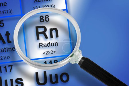 Téléchargez les photos : Focus sur l'élément chimique Radon du tableau périodique de Mendeleev - concept avec loupe - en image libre de droit