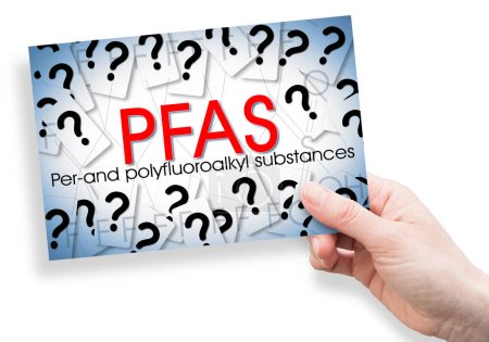 Photo for Doubts and uncertainties about dangerous PFAS Perfluoroalkyl and Polyfluoroalkyl Substances used due to their enhanced water-resistant properties - Concept with question mark and postcard - Royalty Free Image