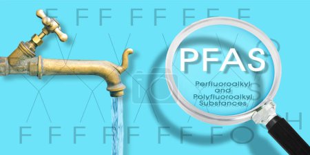 Photo for PFAS Contamination of Drinking Water - Alertness about dangerous PFAS per-and polyfluoroalkyl substances presence in potable water - Concept with magnifying glass - Royalty Free Image