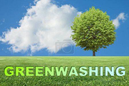 Foto de Concepto de lavado verde con texto contra una escena rural, árbol solitario, prado verde y árbol con espacio para copiar - Imagen libre de derechos