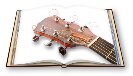 Téléchargez les photos : Guitare acoustique en bois sur photobook ouvert isolé sur fond blanc - rendu 3D - en image libre de droit