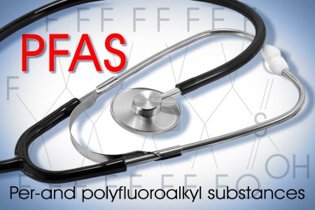 Photo for Alertness about dangerous PFAS per-and polyfluoroalkyl substances used in products and materials due to their enhanced water-resistant properties - Concept with stethoscope - Royalty Free Image