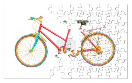 Téléchargez les photos : Vieux vélo de couleur sur fond blanc image concept en forme de puzzle - en image libre de droit