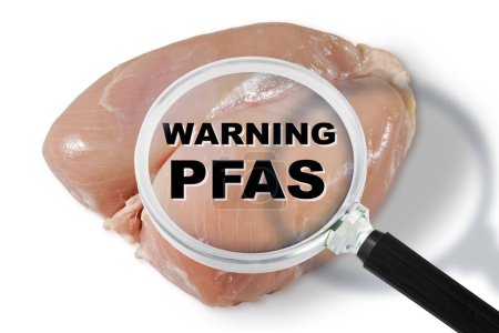 Téléchargez les photos : Viande de poulet fraîche HACCP (Analyse des risques et maîtrise des points critiques) et recherche des substances dangereuses PFAS Perfluoroalkyl et Polyfluoroalkyl - Salubrité et maîtrise de la qualité des aliments dans l'industrie alimentaire concept - en image libre de droit