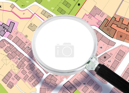Photo for Imaginary General Urban Plan with indications of urban destinations, buildings, roads, buildable areas and land plot - Concept with copy space seen through a magnifying glass - Royalty Free Image