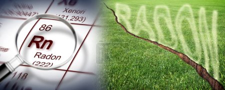 Téléchargez les photos : Une pelouse taillée verte avec une fissure en diagonale avec fuite de radon - concept avec tableau périodique des éléments et loupe - en image libre de droit