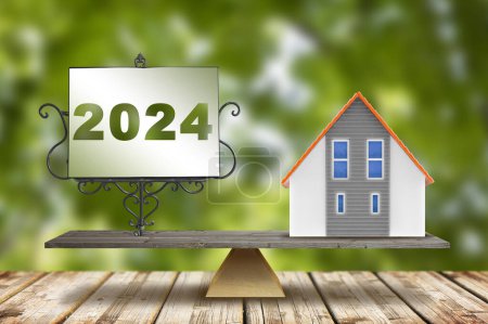 2024 Planning and manage home -  Budget 2024, tax, loan, real estate, property investment - Business and financial concept in building activity and construction industry with home model