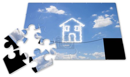 Peligros y trampas de una casa - Concepto de crisis del mercado inmobiliario con una pequeña casa sobre un cable equilibrado en un barranco - Concepto de solución Jigsaw