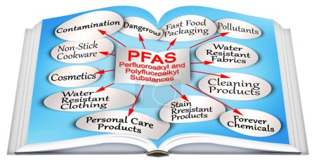 Infographic about dangerous PFAS Perfluoroalkyl and Polyfluoroalkyl Substances used due to their enhanced water-resistant properties - Real opened book 3D render concept