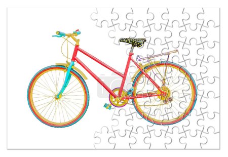 Téléchargez les photos : Vieux vélo de couleur sur fond blanc image concept en forme de puzzle - en image libre de droit