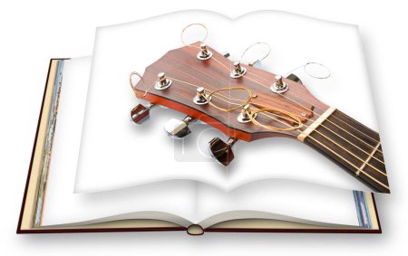 Téléchargez les photos : Guitare acoustique en bois sur photobook ouvert isolé sur fond blanc - rendu 3D - en image libre de droit