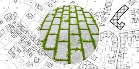 Photo for Permeable interlocking concrete pavers called self-locking floor assembled on a substrate of sand along the streets, sidewalks, an squares for outdoor use - concept with imaginary city map - Royalty Free Image