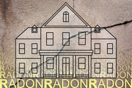 Foto de El peligroso gas radón también entra en los edificios a través de grietas en las paredes - concepto con un edificio residencial de estilo estadounidense con texto de radón contra una pared rota dañada - Imagen libre de derechos