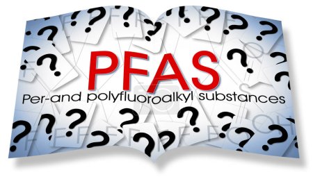 Zweifel und Unsicherheiten über gefährliche PFAS Perfluoralkyl- und Polyfluoralkylsubstanzen, die aufgrund ihrer verbesserten wasserbeständigen Eigenschaften verwendet werden - Echt aufgeschlagenes Buch Konzept mit Fragezeichen