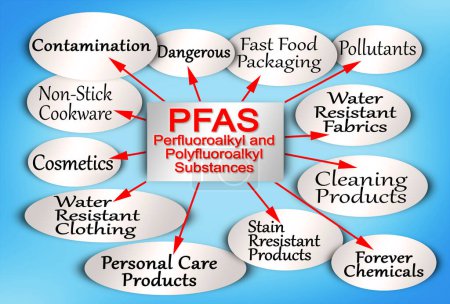 Infographie sur les substances perfluoroalkyles et polyfluoroalkyles dangereuses PFAS utilisées en raison de leurs propriétés étanches améliorées