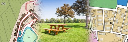 Photo for Wooden picnic table on a green meadow of a public park with trees against an imaginary city map with recreation areas, green spaces for leisure activities and municipal services - Royalty Free Image