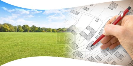 Land plot management - real estate concept with imaginary General Urban, zoning regulations, urban destinations, land use, buildable areas and free building land plot on cadastral map