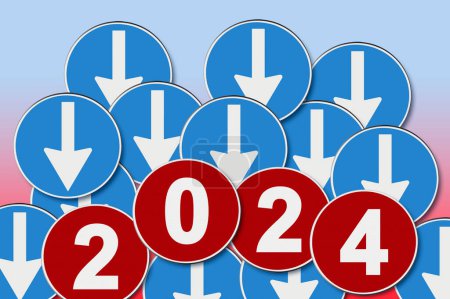 New year 2024 concept with arrows pointing point downwards