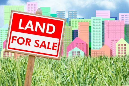 Land For Sale - Immobilienkonzept mit Leerstand zum Verkauf für den Hochbau - Grundstücksverwalter mit Werbetafel vor imaginärem Stadtbild 