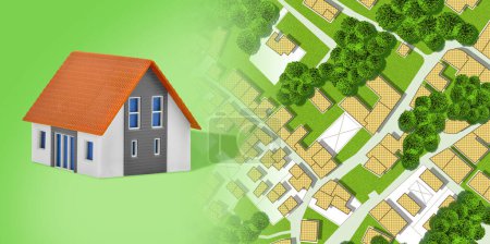 New home and free vacant green land for building activity - Construction industry concept with a model of residential building and imaginary cadastral map 