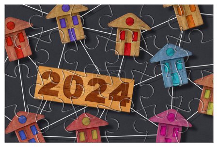2024 Actividad de construcción y concepto de vivienda de la industria de la construcción - 2024 Concepto de bienes raíces con modelos de casas residenciales en forma de rompecabezas 