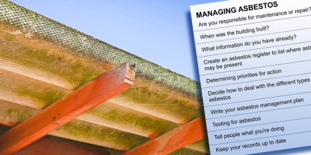 Management von Asbest - einem der gefährlichsten Materialien in der Bauindustrie - Konzept mit Asbestdach und Checkliste über Reaktionsmaßnahmen zur Beseitigung der Asbestbelastung
