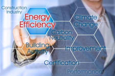 Eficiencia energética de los edificios y calificación en la actividad de la construcción y la industria de la construcción - concepto con el gerente de negocios apuntando a los iconos